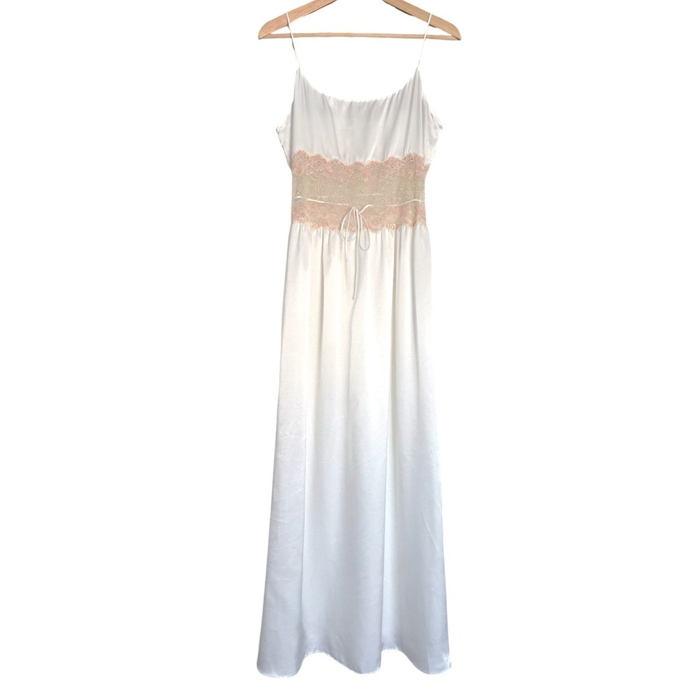NK iMode White Satin Nightgown Maxi Slip Dress with Sheer Lace Waist‎